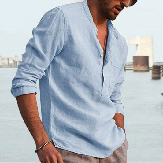 Men's Long Sleeve V Neck Casual Beach Linen Shirt