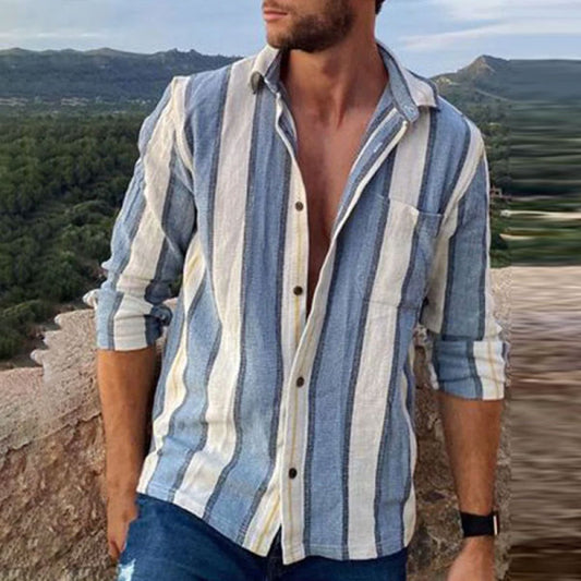 Men's Cotton Linen Vintage Stripe Chest Pocket Long Sleeve Shirt
