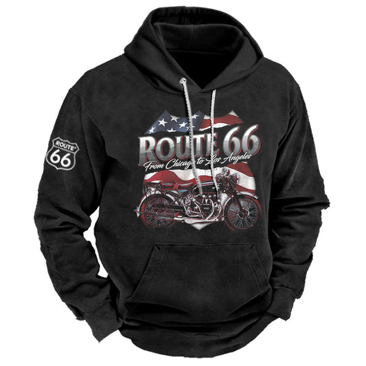 Men's Hoodie Vintage Route 66 Motorcycle Print Pocket Sweatshirt