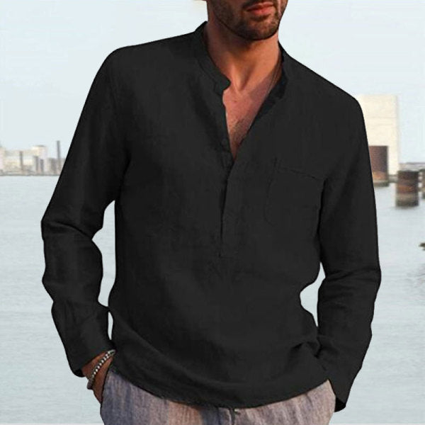 Men's Long Sleeve V Neck Casual Beach Linen Shirt