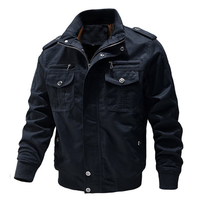 Men's Military-Style Jacket with Multiple Pockets and Adjustable Cuffs