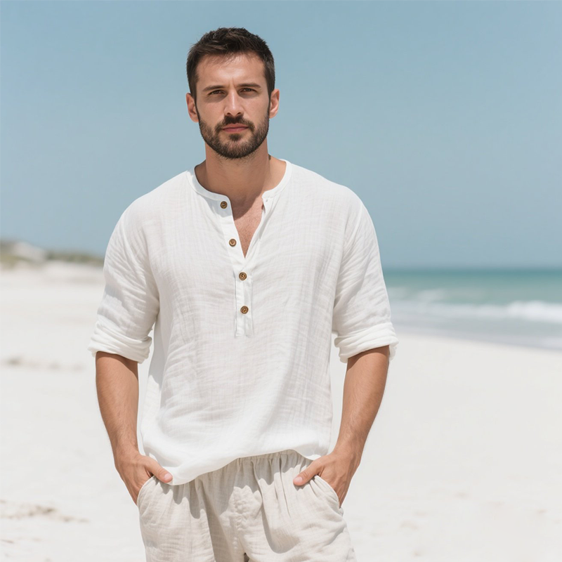 Casual White Linen Henley Shirt for Summer