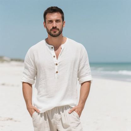 Casual White Linen Henley Shirt for Summer