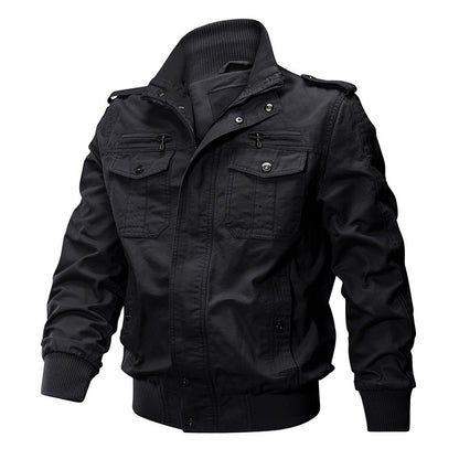 Men's Military-Style Jacket with Multiple Pockets and Adjustable Cuffs