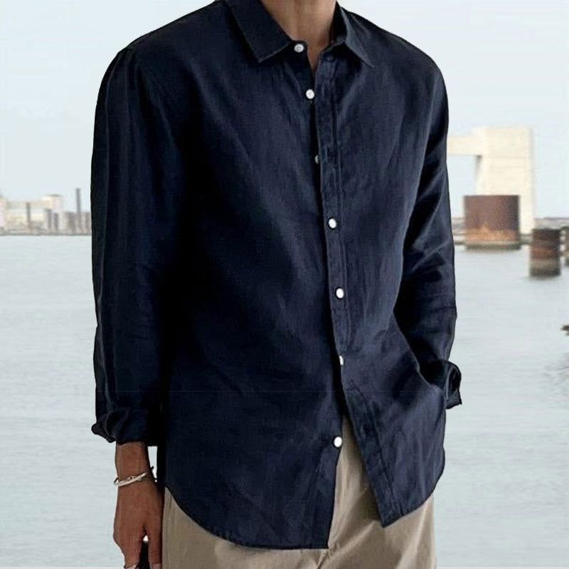 Men's Cotton Linen Vintage Stripe Chest Pocket Long Sleeve Shirt