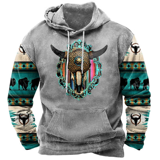 Men's Ethnic Geometric Steer Skull Western Hoodie