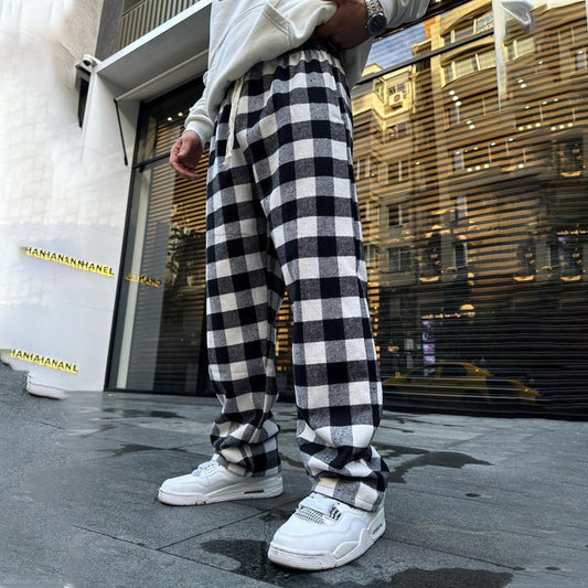 Plaid Textured Loose Straight Trousers