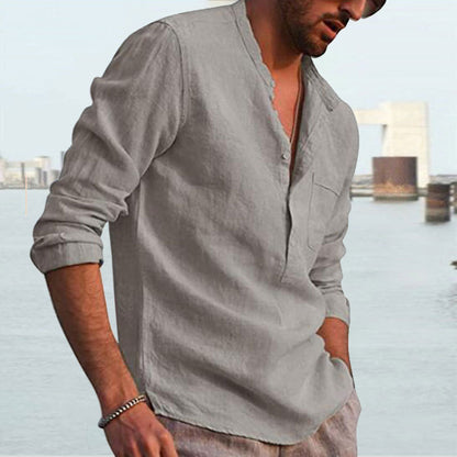 Men's Long Sleeve V Neck Casual Beach Linen Shirt