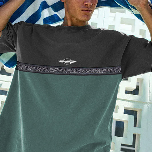 Mens Retro Color Patchwork Short Sleeve Surf T-shirt