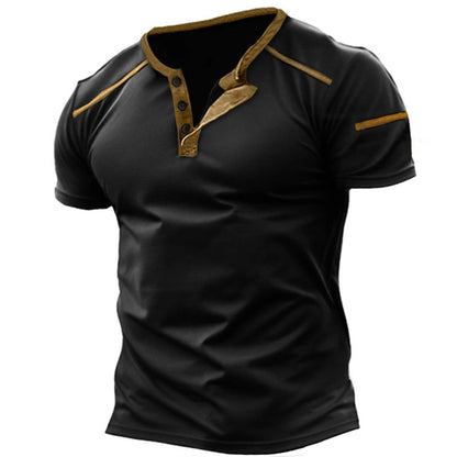 Men's Retro Casual Colorblock Henley Collar T-Shirt
