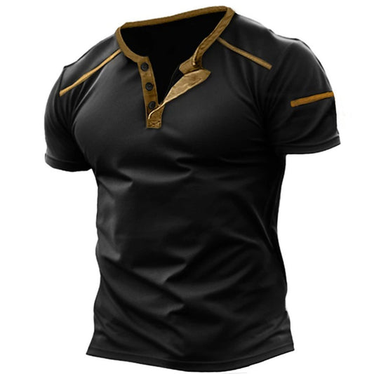 Men's Retro Casual Colorblock Henley Collar T-Shirt