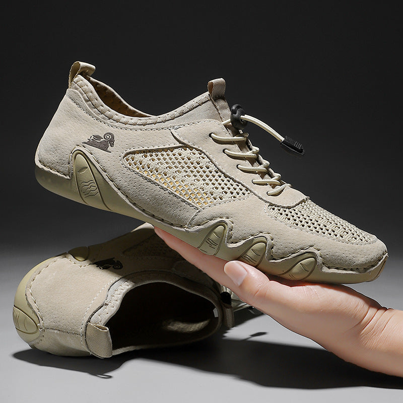 Men's Plus Size Ram Mesh Genuine Leather Lace Up Soft Octopus Sole Sneakers Casual Shoes