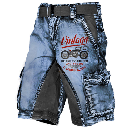 Men's Plus Size Vintage Motorcycle Racing Distressed Wash Print Multi-Pocket Tactical Shorts