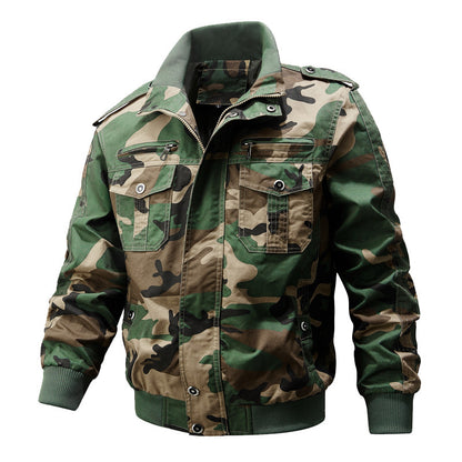 Men's Military-Style Jacket with Multiple Pockets and Adjustable Cuffs