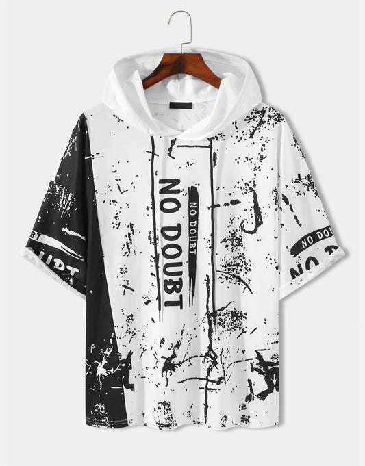 Men Splash Ink Color Block Patchwork Hooded T-Shirt