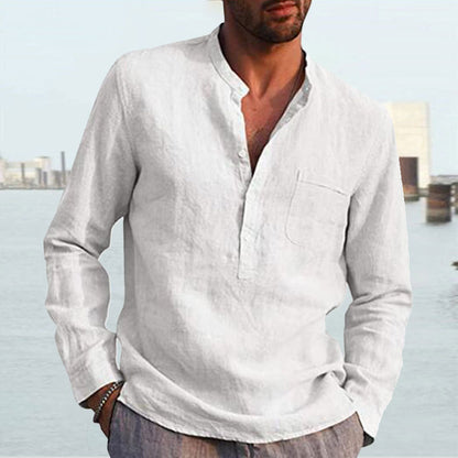 Men's Long Sleeve V Neck Casual Beach Linen Shirt