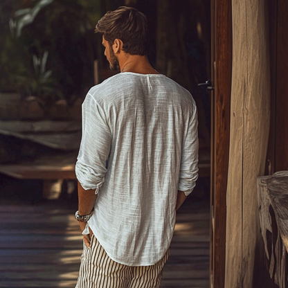 Men's Basic V-Neck Breathable Linen Long Sleeve Shirt