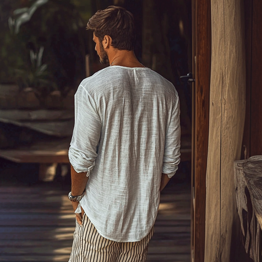 Men's Basic V-Neck Breathable Linen Long Sleeve Shirt