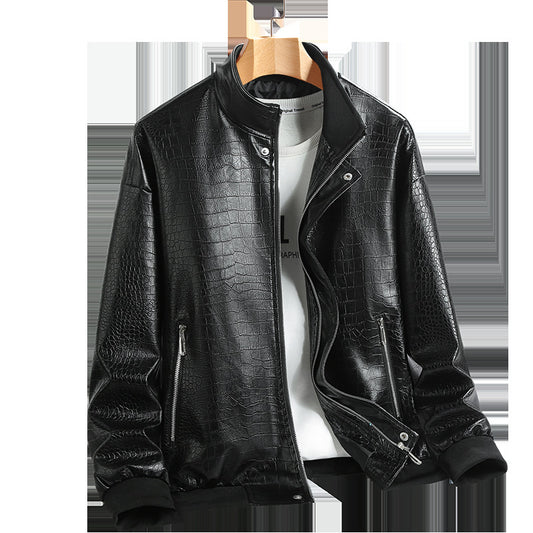 Men's Fashion Crocodile Leather Stand Collar Single Breasted Slim Fit Jacket 22007630M