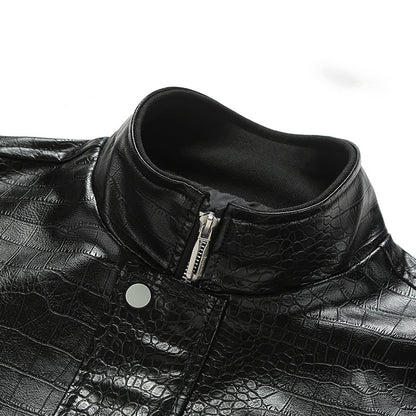 Men's Fashion Crocodile Leather Stand Collar Single Breasted Slim Fit Jacket 22007630M