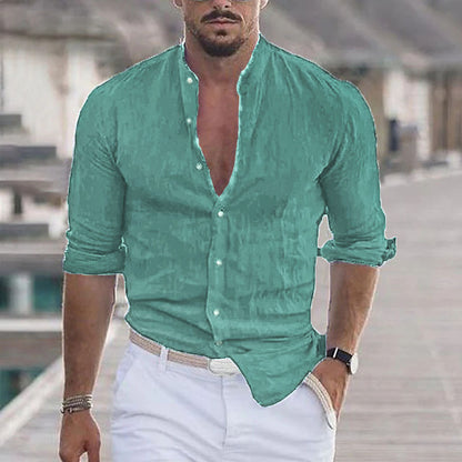 Men's Linen Solid Color Casual Stand Collar Long Sleeve Shirt